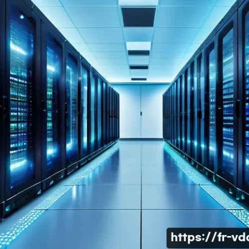 빅데이터 분석 이론 필수 개념 - A modern, sleek data center interior filled with rows of illuminated server racks and glowing LED in...