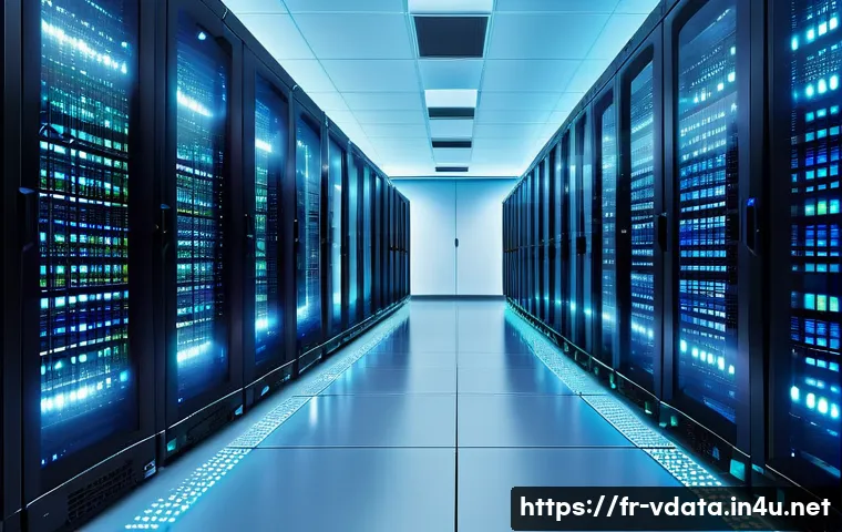 빅데이터 분석 이론 필수 개념 - A modern, sleek data center interior filled with rows of illuminated server racks and glowing LED in...