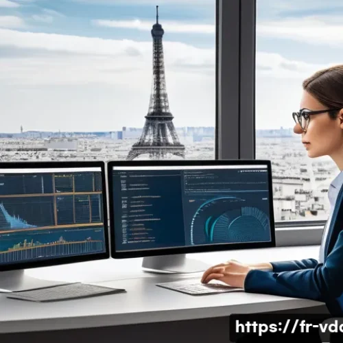 빅데이터 분석가로 이직하기 위한 포트폴리오 - A professional data analyst workspace in a modern Parisian office, showing a diverse young adult wom...
