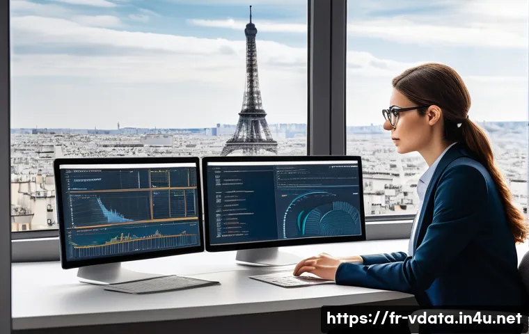 빅데이터 분석가로 이직하기 위한 포트폴리오 - A professional data analyst workspace in a modern Parisian office, showing a diverse young adult wom...