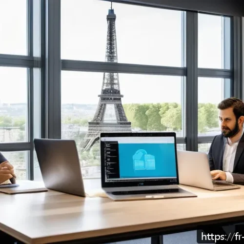 빅데이터 자격증 취득 후 취업 전략 - A modern French office environment with diverse professionals collaboratively working on Big Data pr...