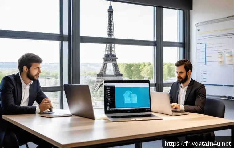 빅데이터 자격증 취득 후 취업 전략 - A modern French office environment with diverse professionals collaboratively working on Big Data pr...