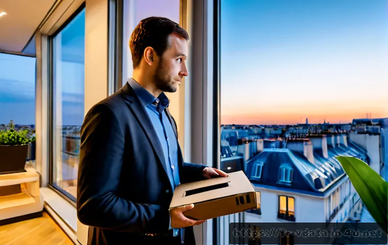 빅데이터 분석가의 퇴사 후 커리어 전환 이야기 - Photorealistic former big data analyst leaving a modern Paris office at dusk, thoughtful French prof...